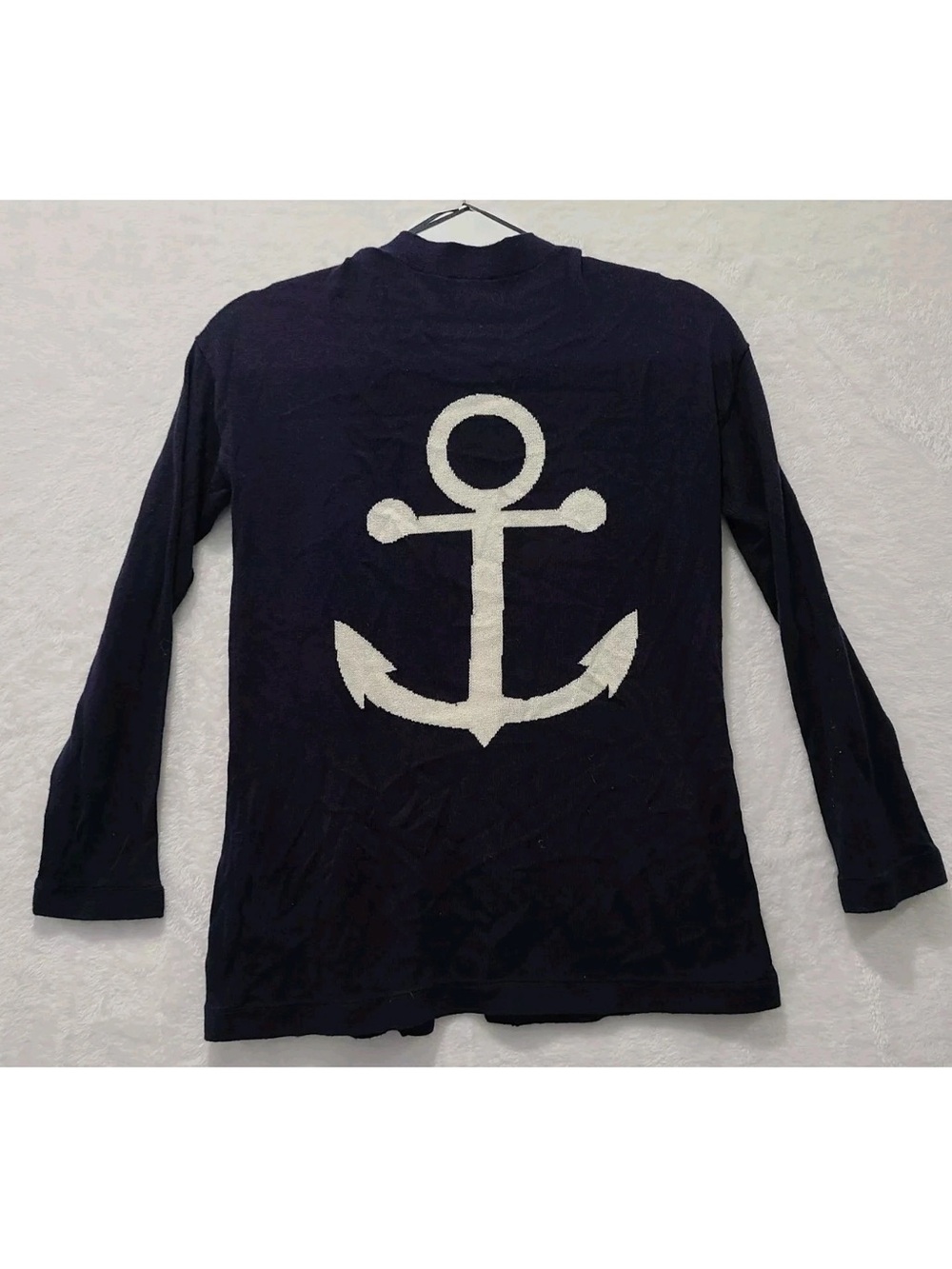 Talbots Women’s Open Cardigan Sweater Navy Blue Nautical Anchor Pockets Size XLp